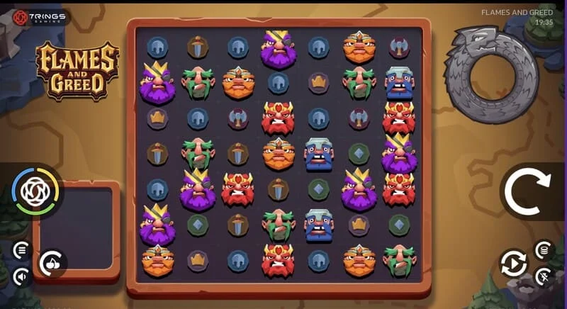 Flames and Greed – pagrindinis ekranas su 7x7 tinkleliu
